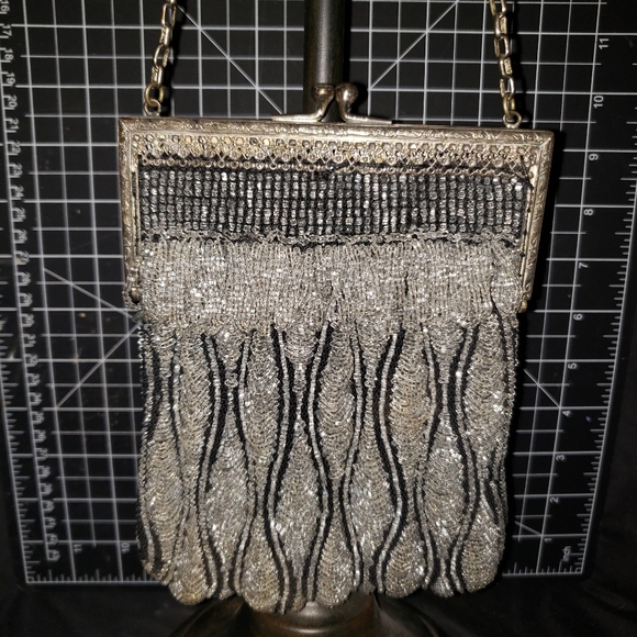 Early 1900s Antique Swag Beaded Evening Bag Crystal Clear & Black Glass Beads - Picture 8 of 13